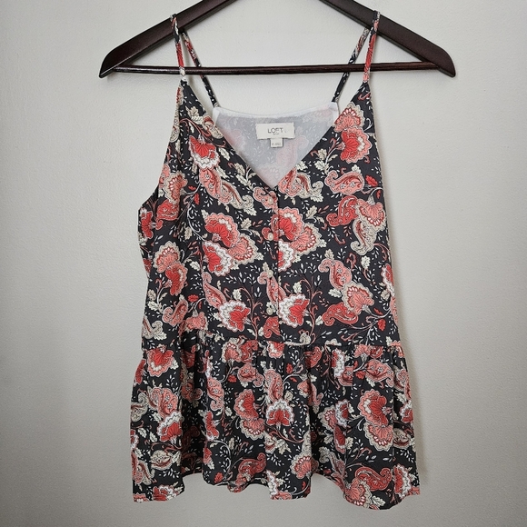 Loft Tank Top Blouse Ruffle Buttons Paisley Gray Pink Floral V-Neck Casual - Picture 11 of 11